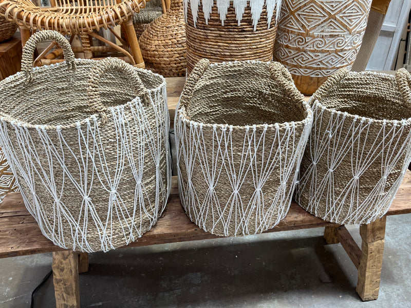 Set 3. Woven natural basket with macrame.