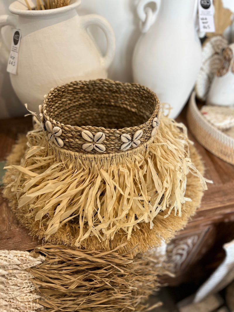 Woven basket with raffia trim and shell detail 20cm high