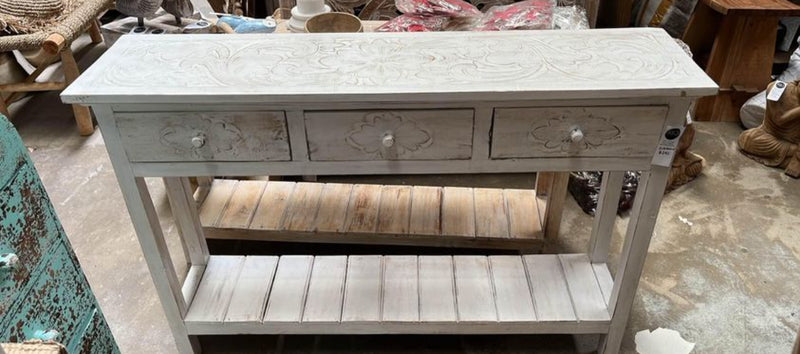 Rustic white Timber sideboard with 3 drawers. Carved top.
