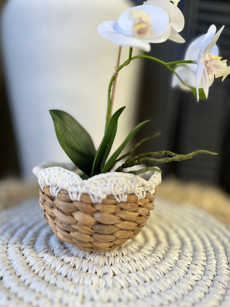 Woven basket with macrame detail at top