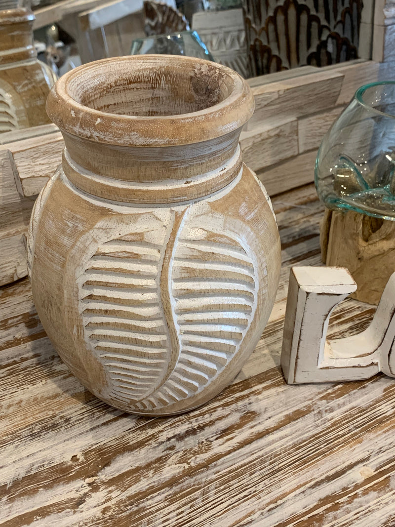 White wash carved timber vase. Small