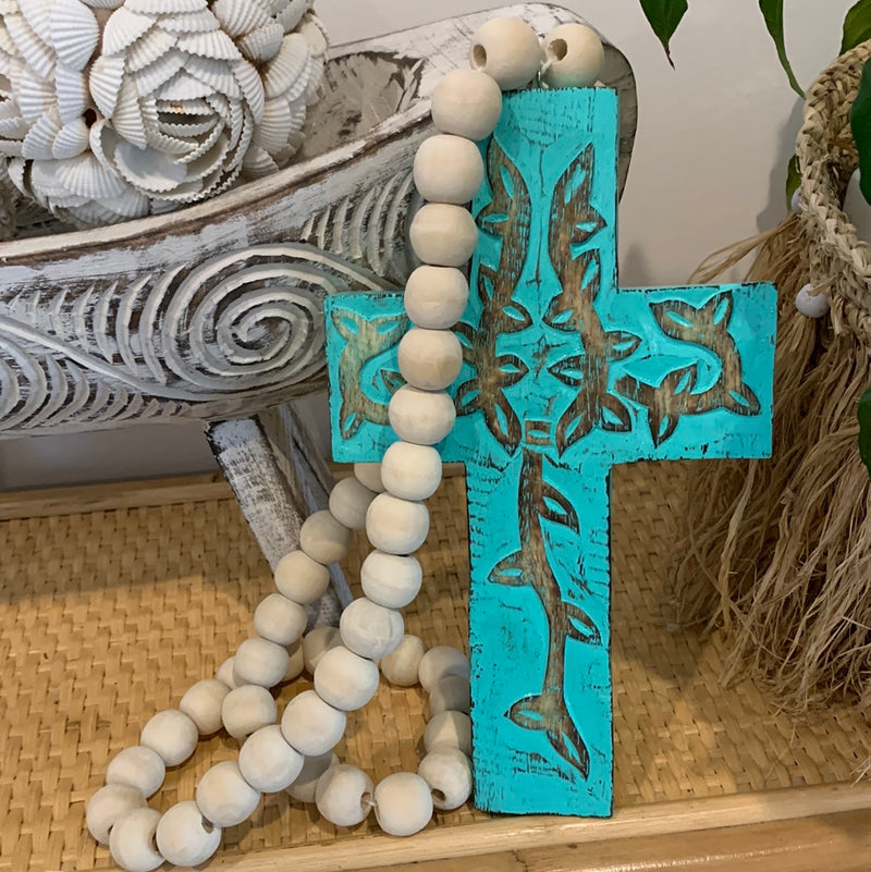 Turquoise carved timber cross with natural beads