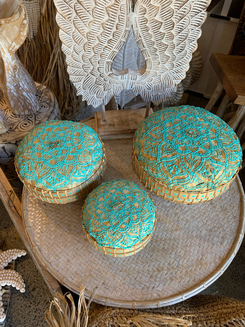 Set 3 containers and lids. Turquoise detail. Usually $95