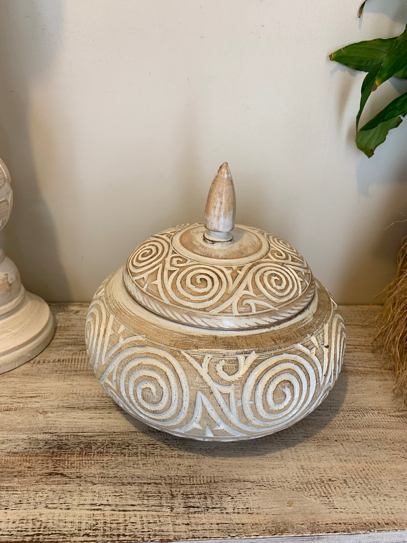 Large container with lid. Carved swirl pattern white wash