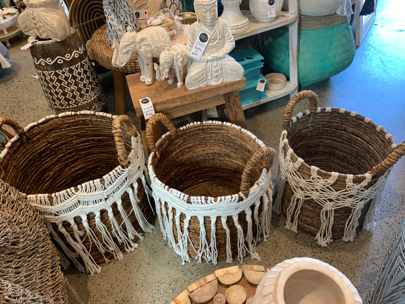 Set 3 woven baskets natural with macrame. Usually $165