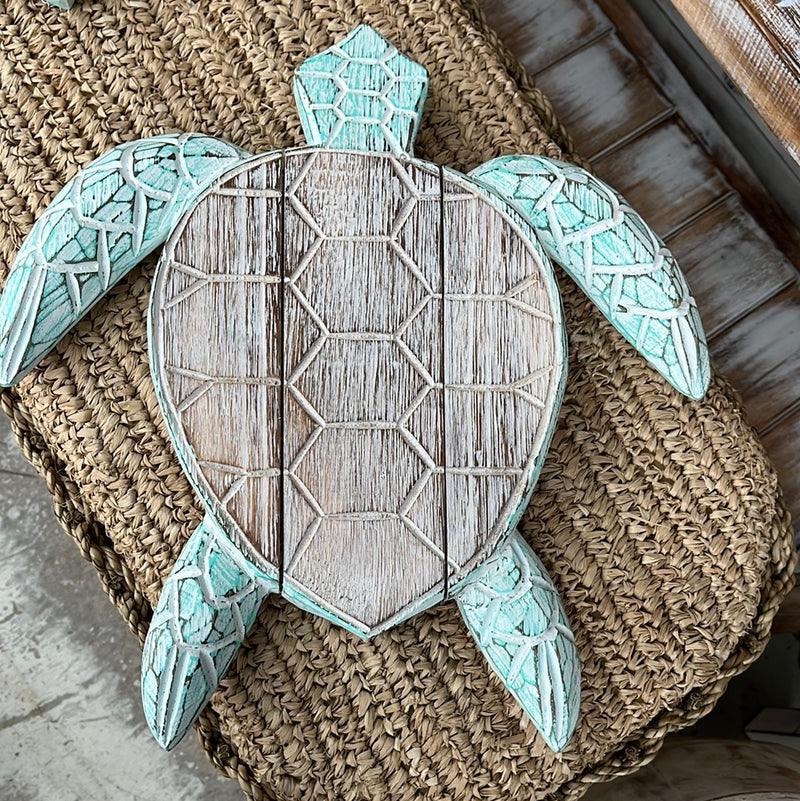 Turquoise timber turtle wall hanging L