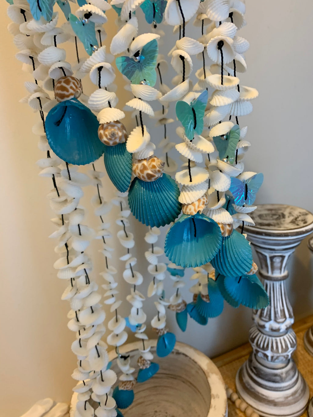 Blue butterfly and shell mobile hanging