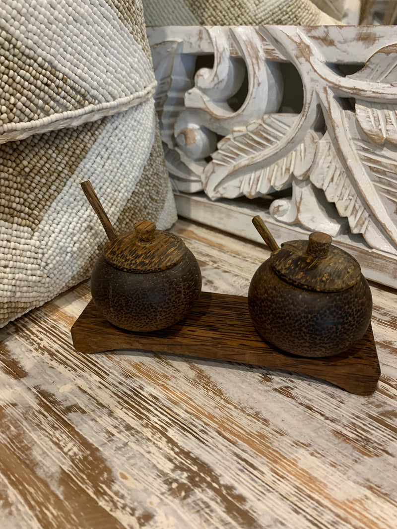 2 timber bowls on stand. Includes spoons