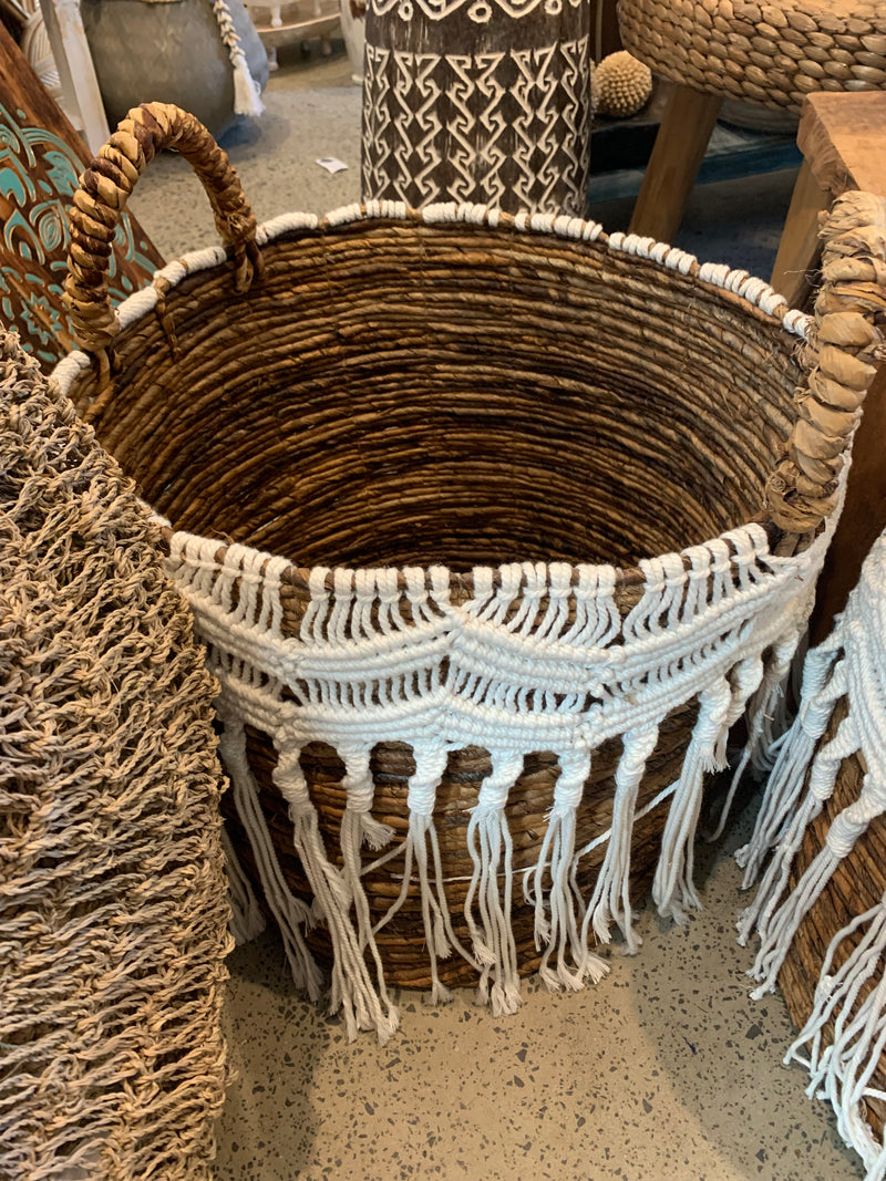 Set 3 woven baskets natural with macrame. Usually $165