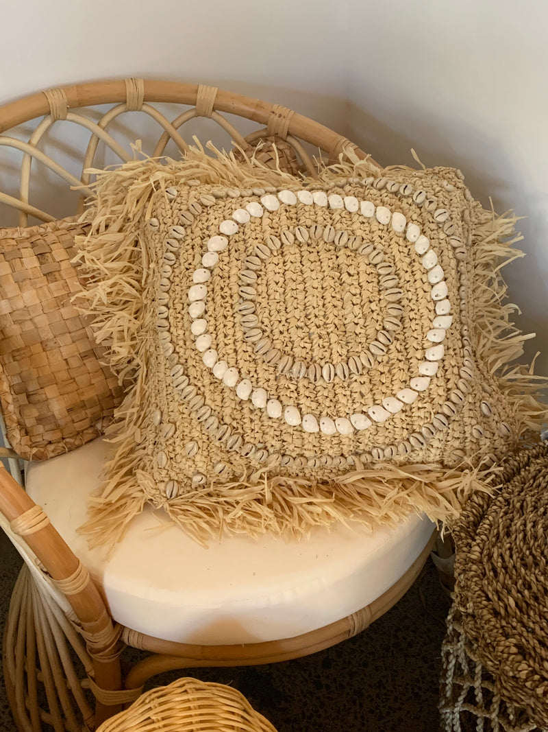 Square raffia cushion and insert with shell design