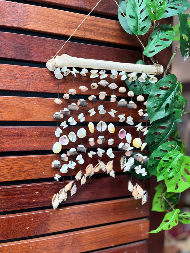 Shell wall hanging on timber stick. Coloured