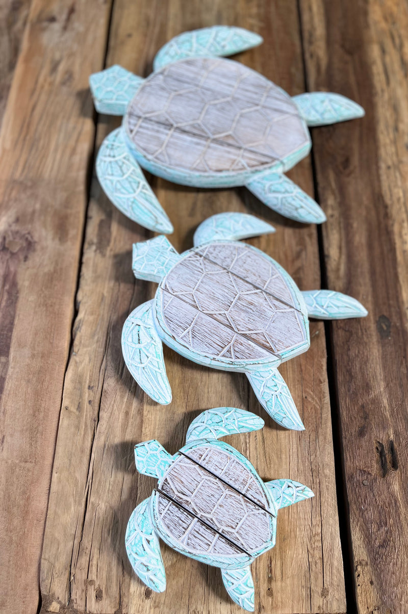 Set of 3 turquoise timber turtles wall hangings