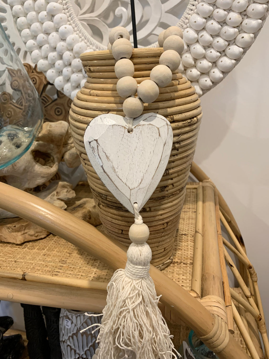 Natural beads and timber heart decoration.