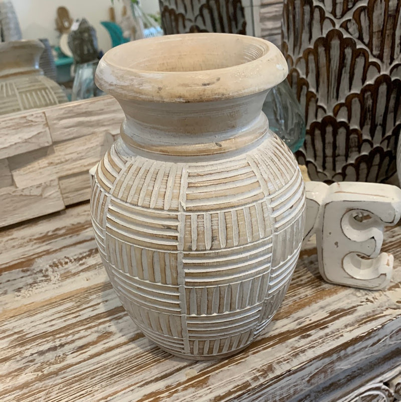 White wash / natural carved timber vase. Small
