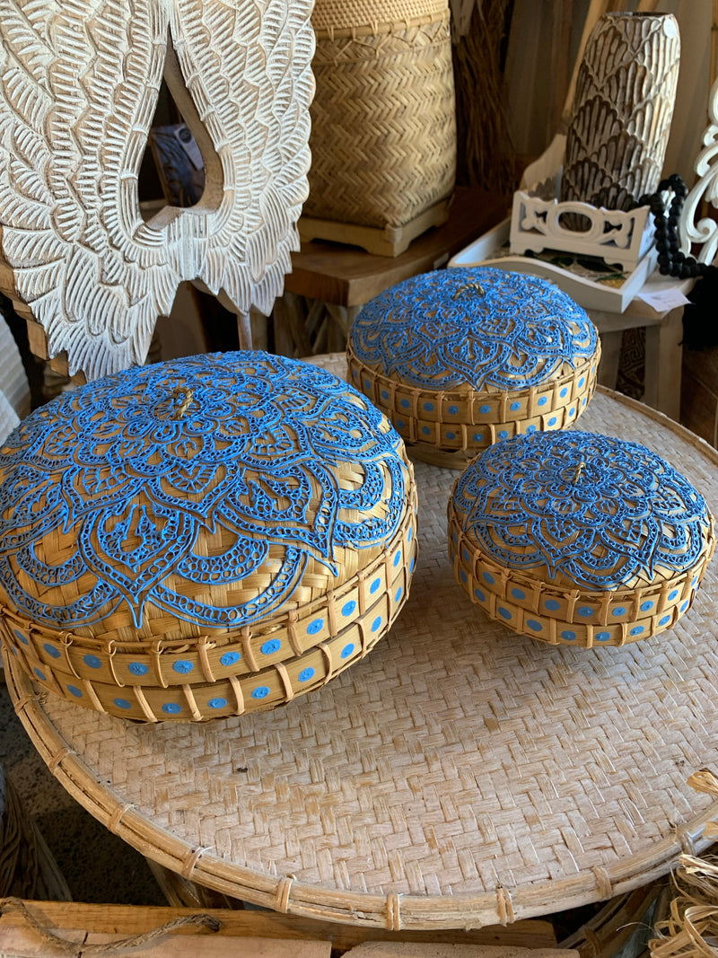 Set 3 containers and lids. Blue detail. Usually $95