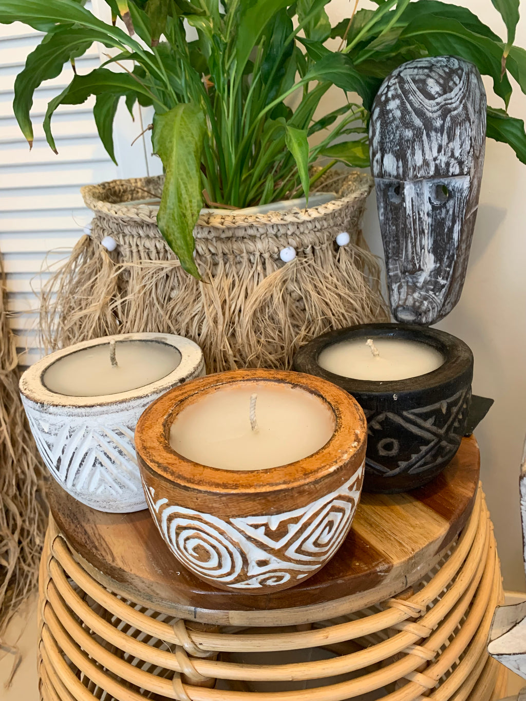 Handcarved timber candle. Available in black or white. $25 each