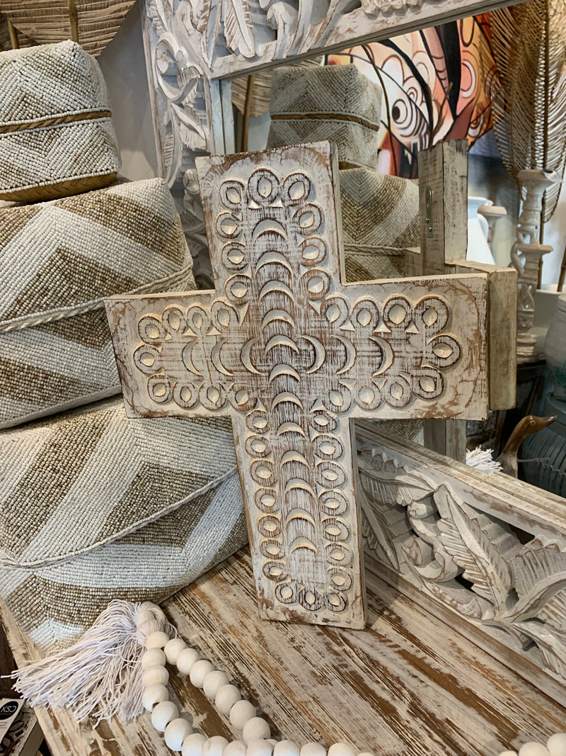 Handcarved timber cross. White wash