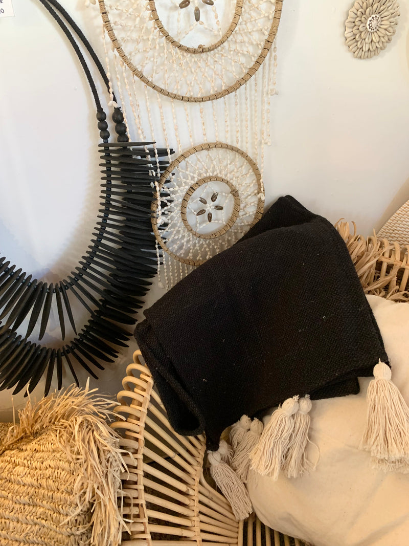 Black table runner / bed throw with tassels / throw