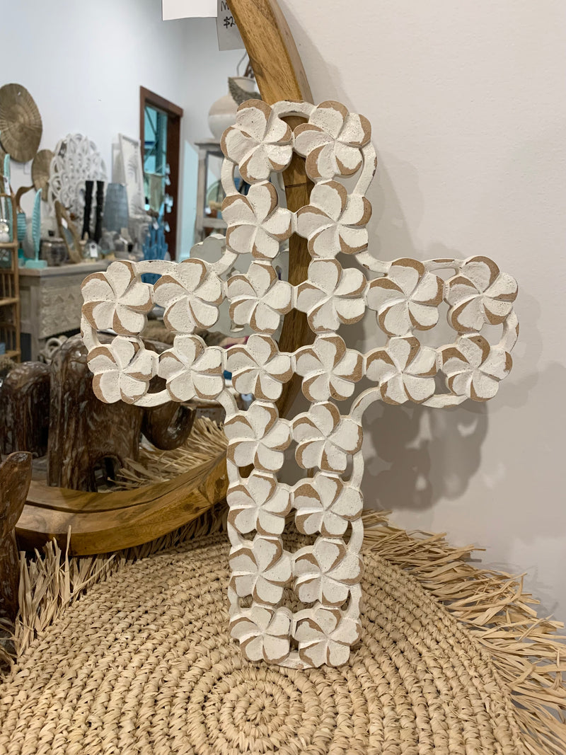 Carved frangipani cross. 41.5 h x 30cm w