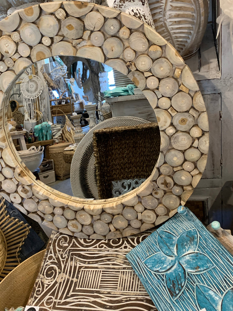 Round timber mirror. Circle design