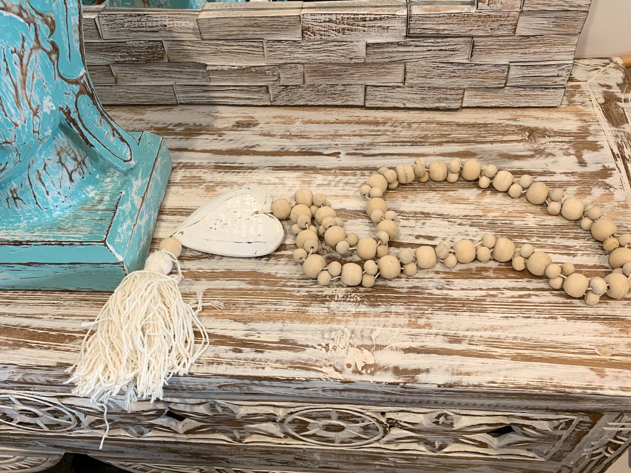 Natural beads and timber heart decoration. Small and large beads.