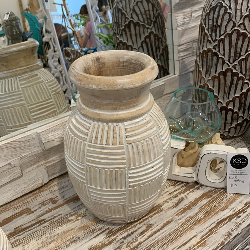 White wash / natural carved timber vase. Medium