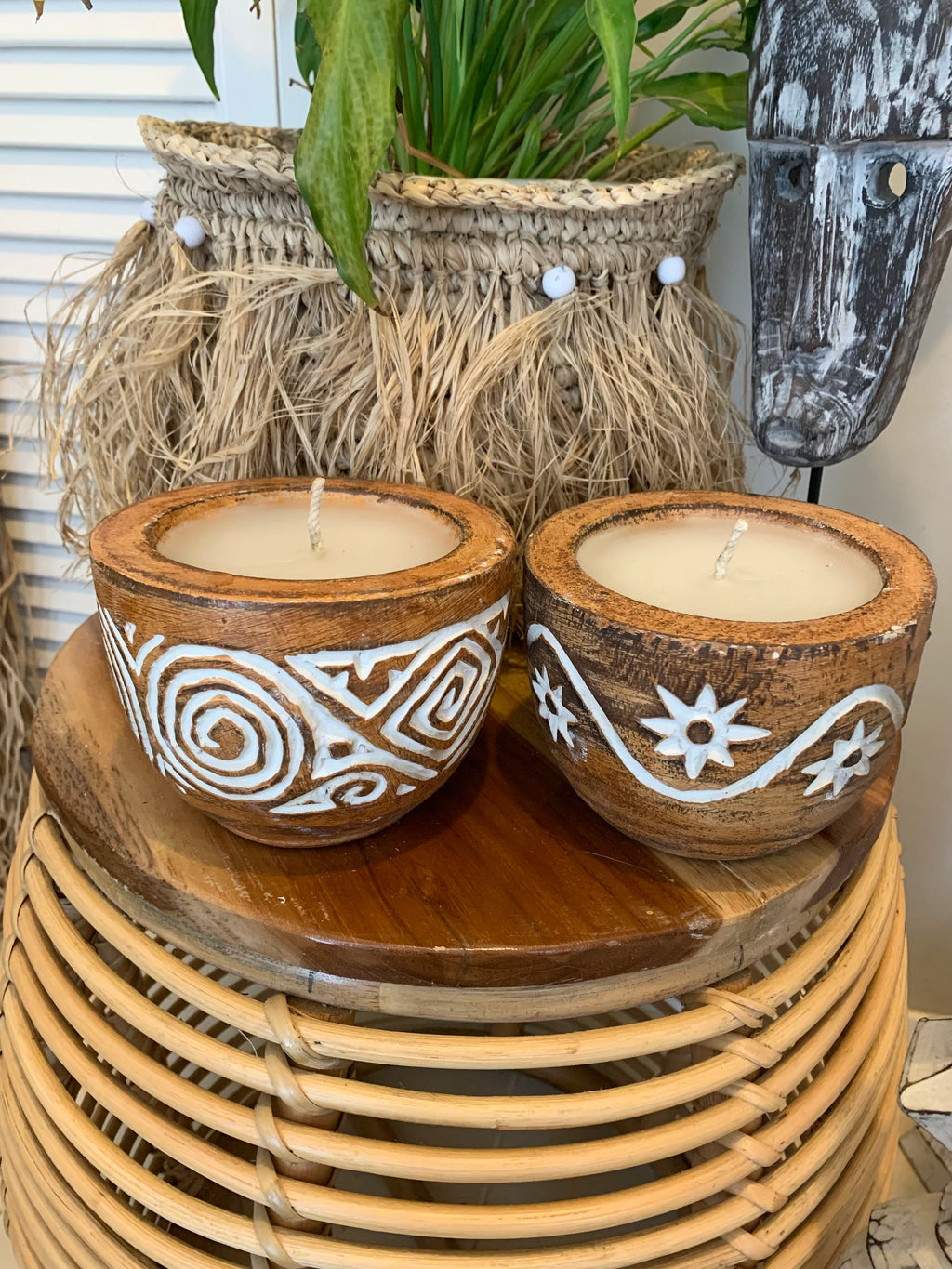 Handcarved timber candle. Available in black or white. $25 each