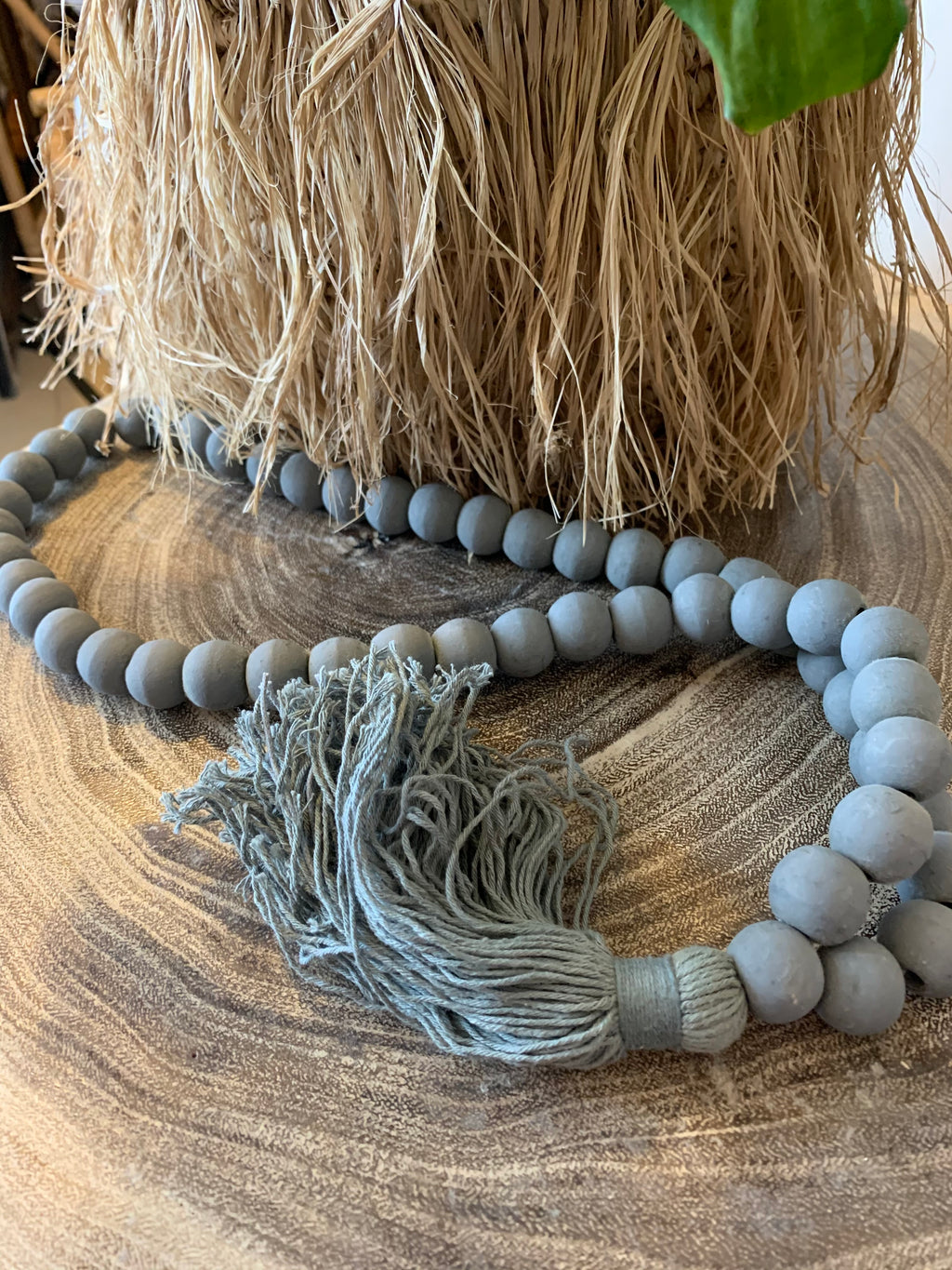 Grey bead necklace / tassel decoration. 60cm approx.